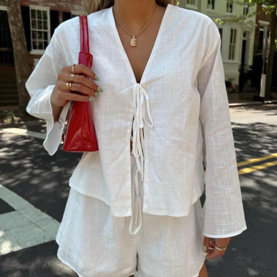 Golden Hour Linen Tie V-Neck Blouse