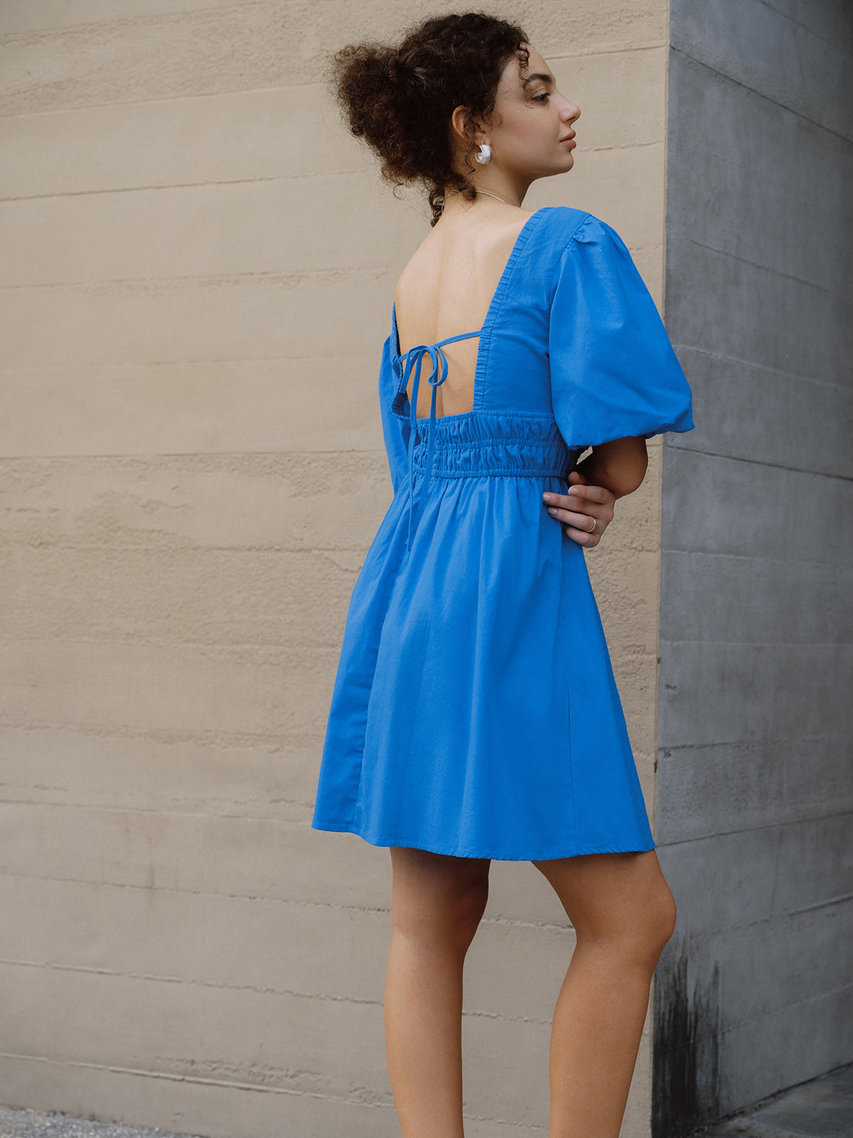Cotton Puff Sleeve Knotted V-Neck Short Dress