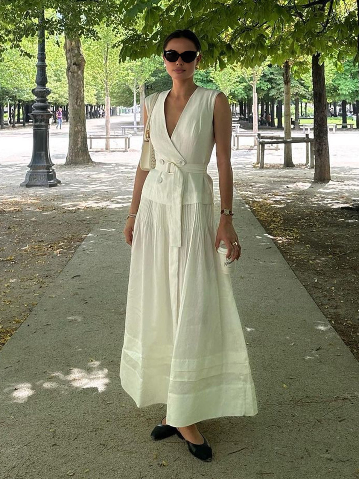 Cotton & Linen Belted Pleated Long Dress