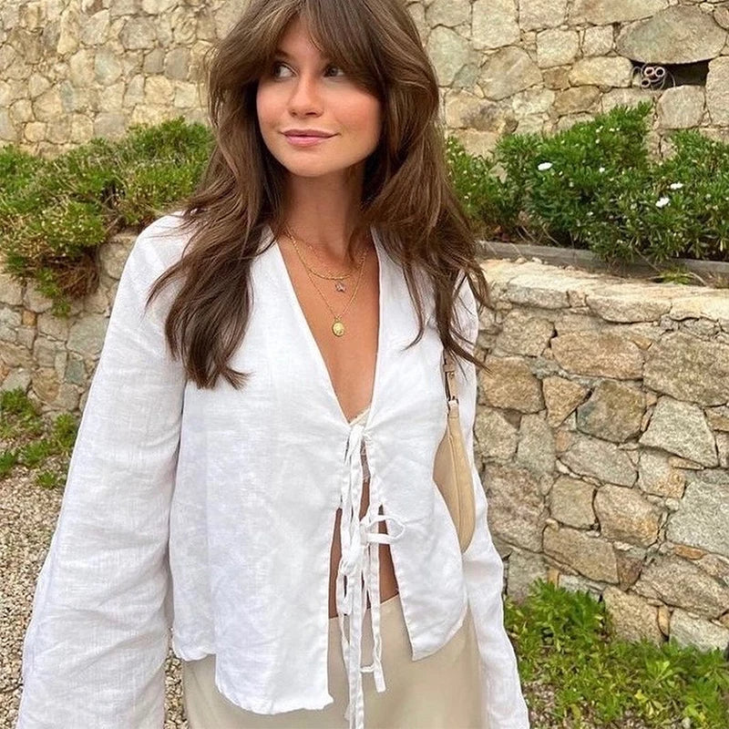 Golden Hour Linen Tie V-Neck Blouse