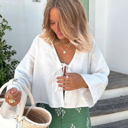 Golden Hour Linen Tie V-Neck Blouse