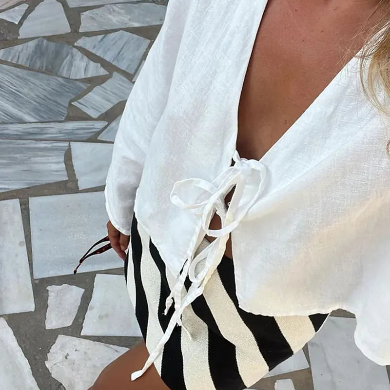 Golden Hour Linen Tie V-Neck Blouse