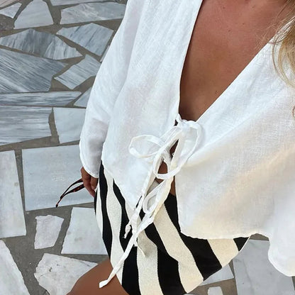 Golden Hour Linen Tie V-Neck Blouse