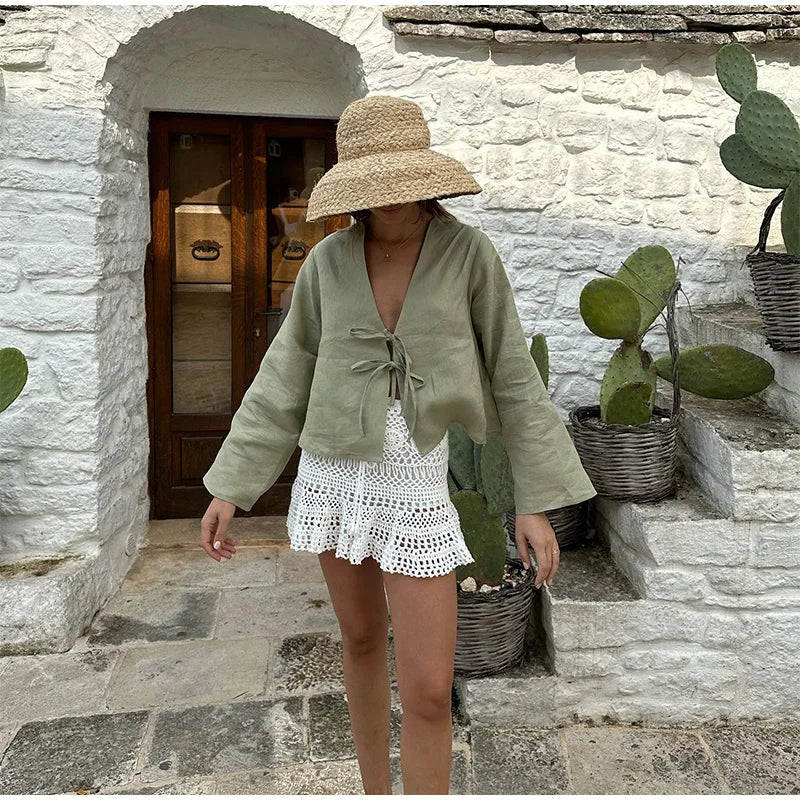 Golden Hour Linen Tie V-Neck Blouse