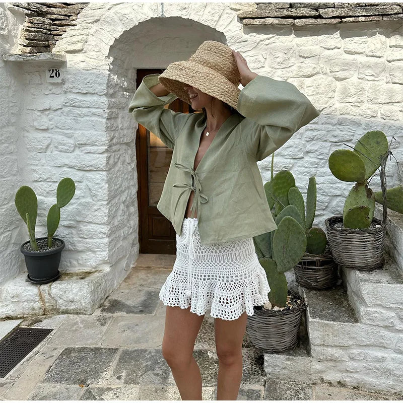 Golden Hour Linen Tie V-Neck Blouse