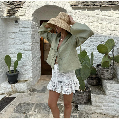Golden Hour Linen Tie V-Neck Blouse