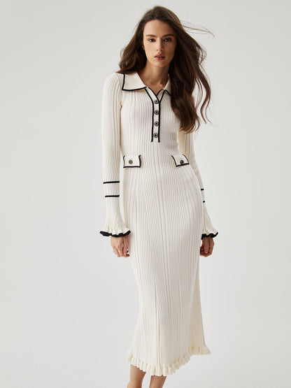 Ruffled Trim Contrast Binding Button-up Collar Midi Sweater Dress