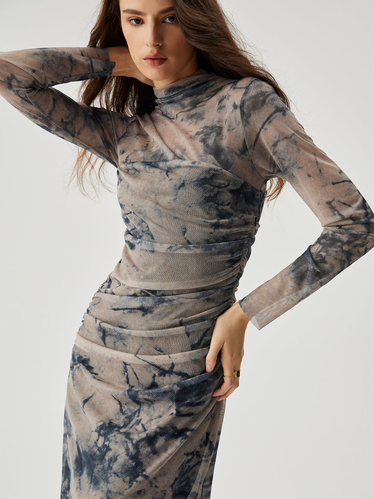 Mesh Floral Print Ruched Long Sleeve Midi Dress