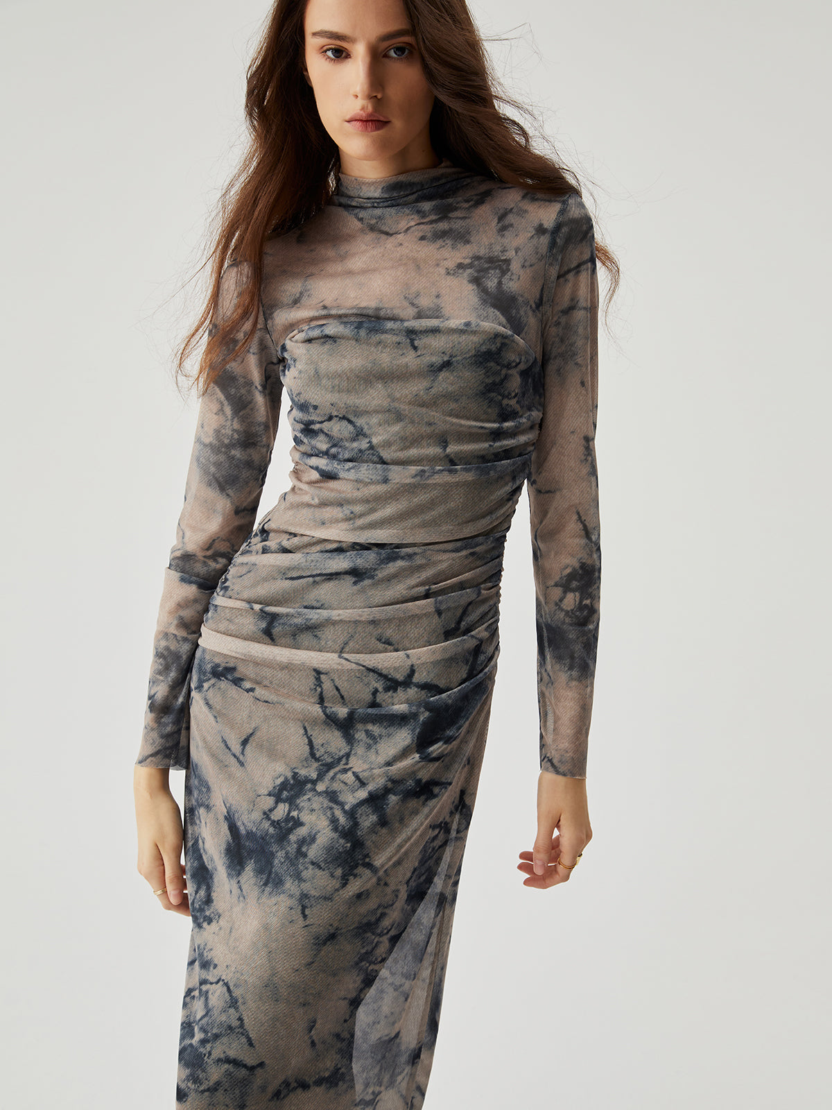 Mesh Floral Print Ruched Long Sleeve Midi Dress