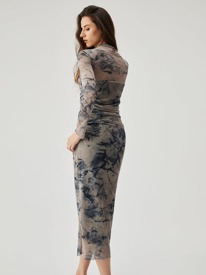 Mesh Floral Print Ruched Long Sleeve Midi Dress