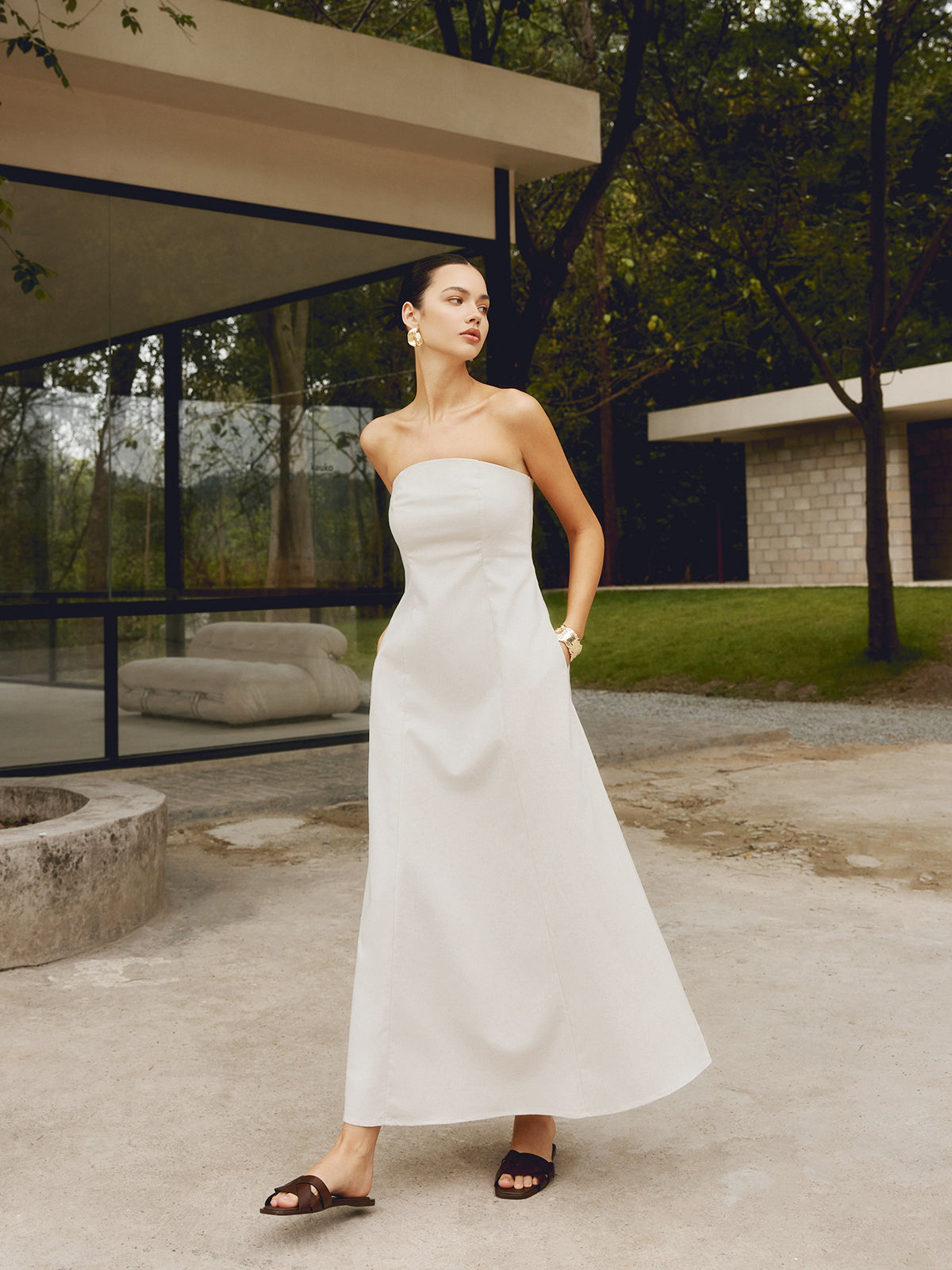 Cotton & Linen Shirred Pocket Long Dress