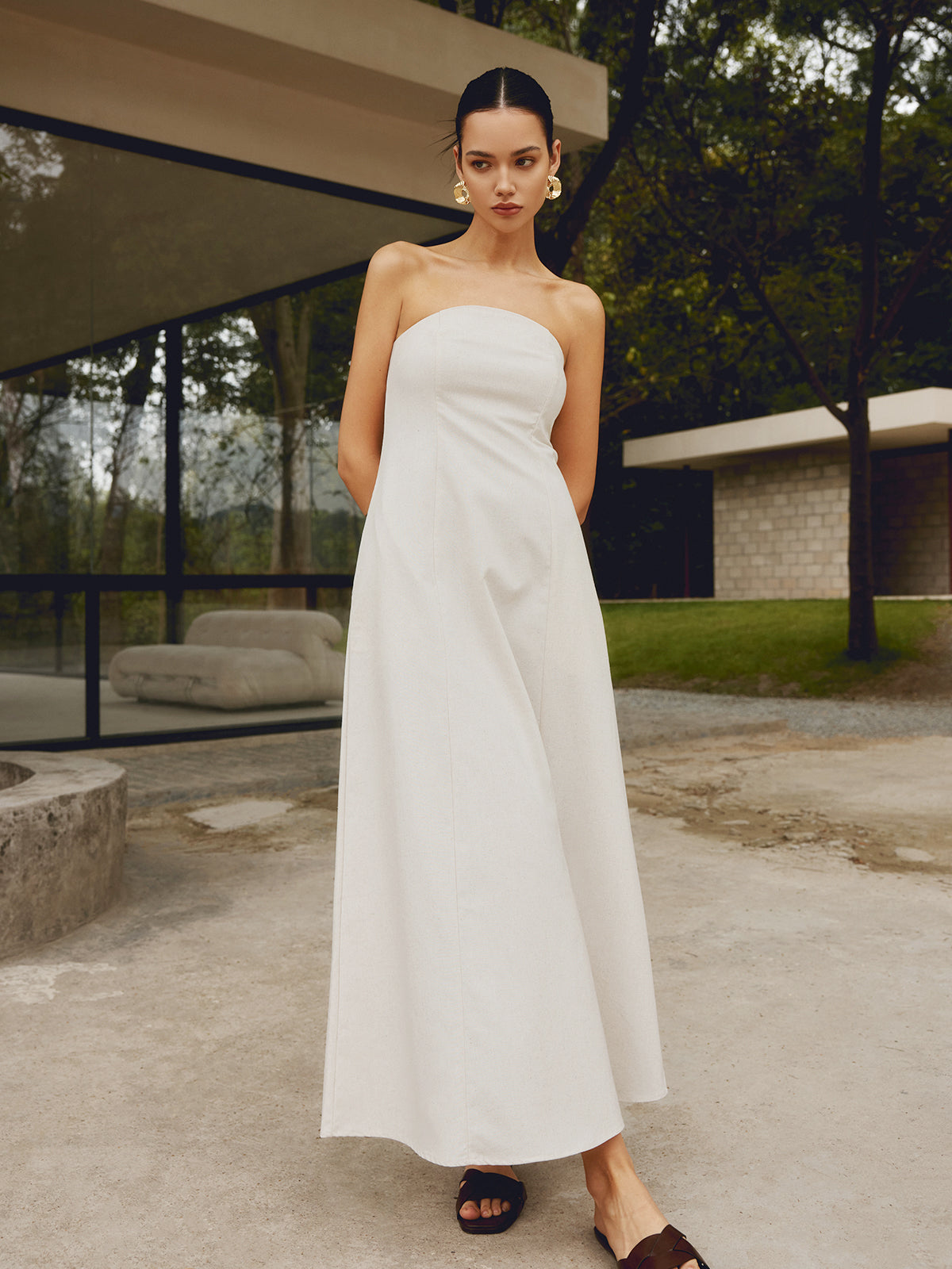Cotton & Linen Shirred Pocket Long Dress