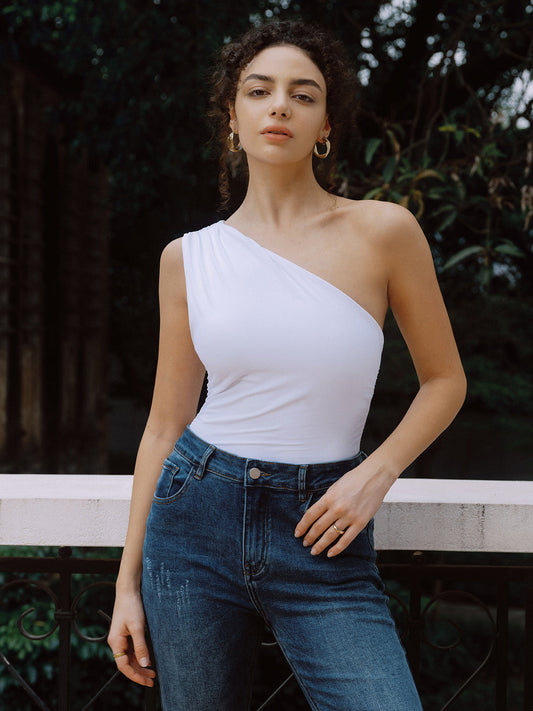 Solid One Shoulder Off Tank Top