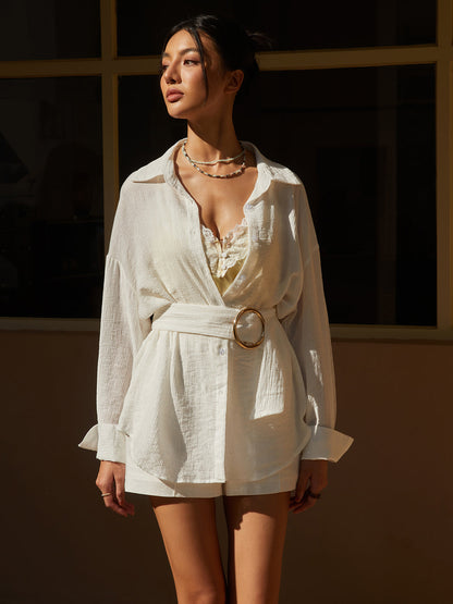 Oversized Metal Decor Belted Long Sleeve Shirt