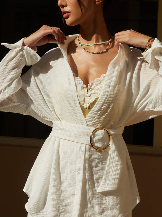 Oversized Metal Decor Belted Long Sleeve Shirt