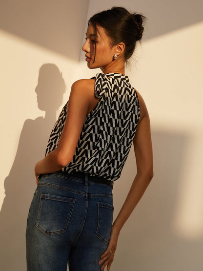 Chevron Print Tie Neck Knotted Blouse