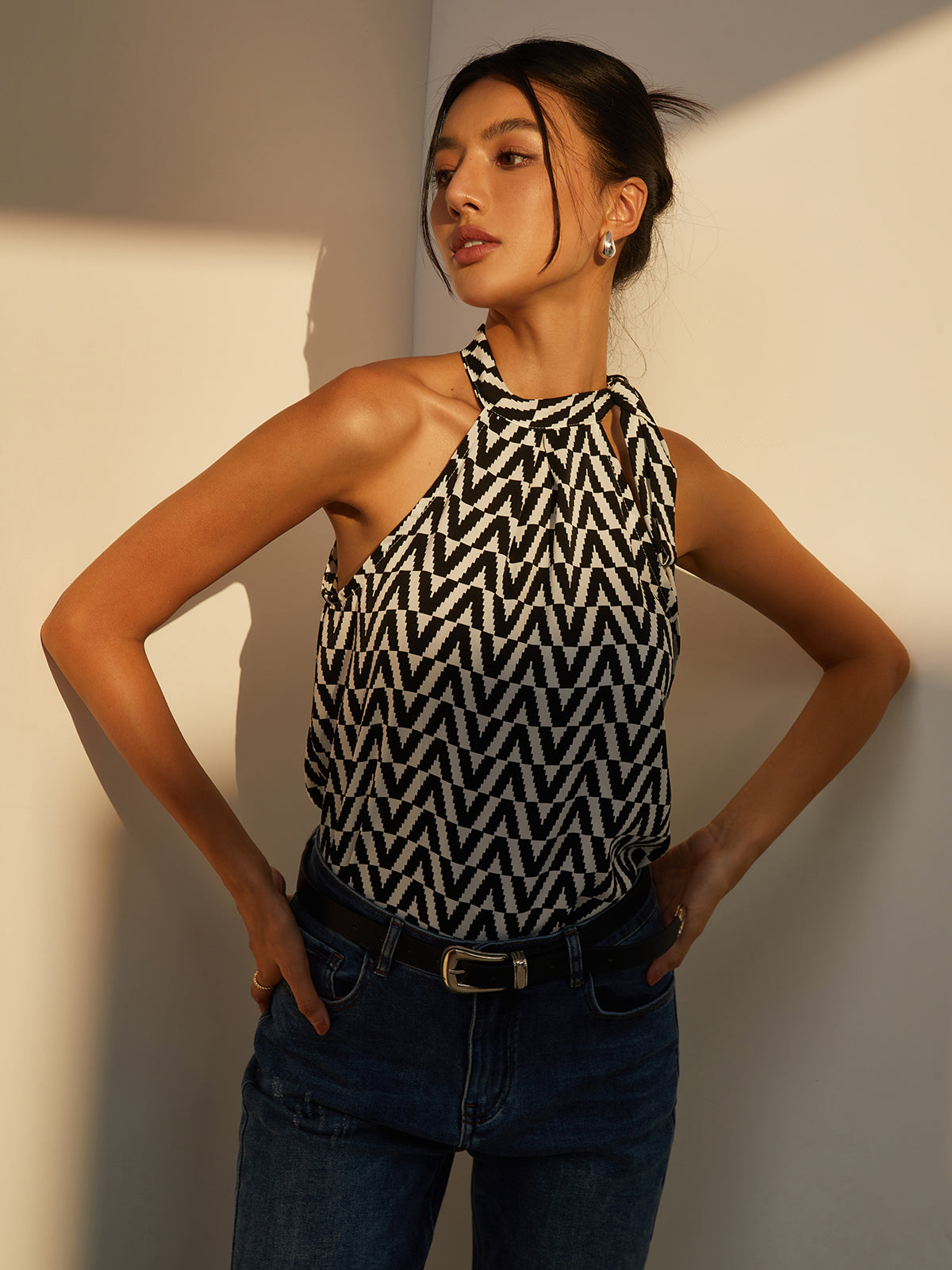 Chevron Print Tie Neck Knotted Blouse