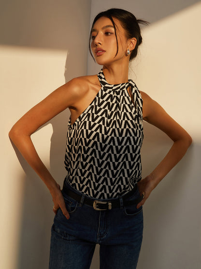 Chevron Print Tie Neck Knotted Blouse