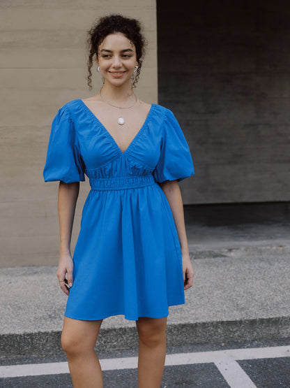 Cotton Puff Sleeve Knotted V-Neck Short Dress