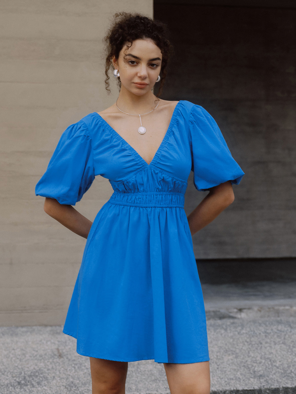 Cotton Puff Sleeve Knotted V-Neck Short Dress