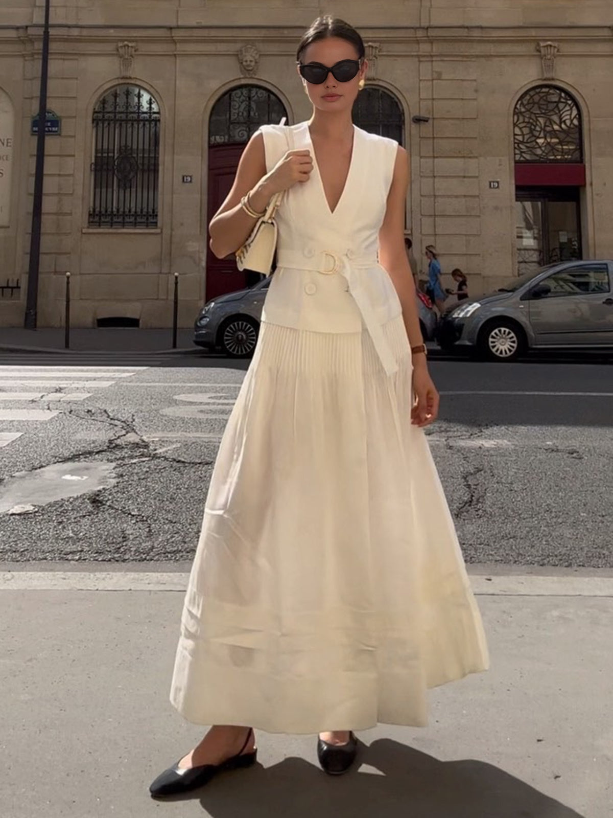Cotton & Linen Belted Pleated Long Dress