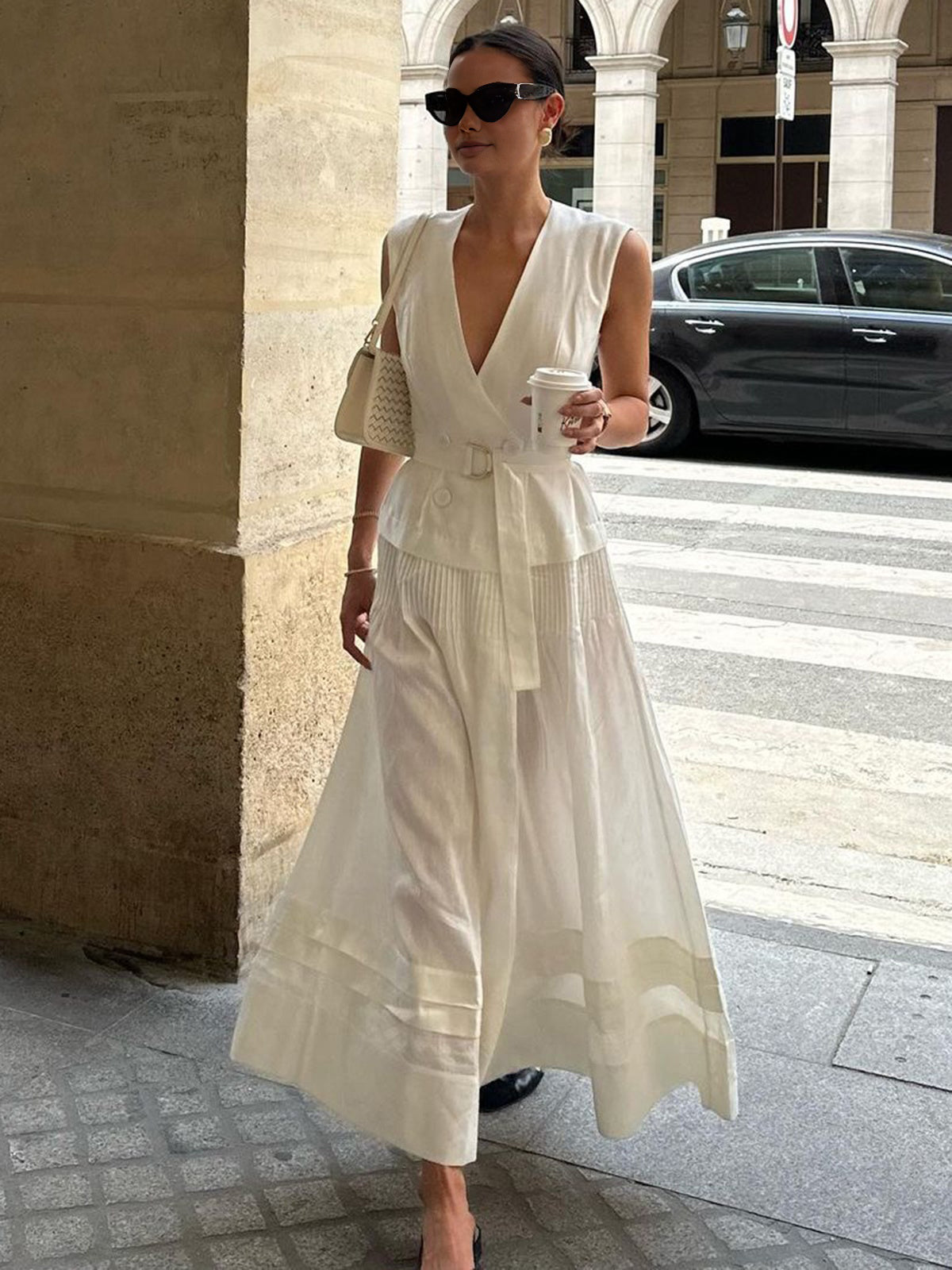 Cotton & Linen Belted Pleated Long Dress