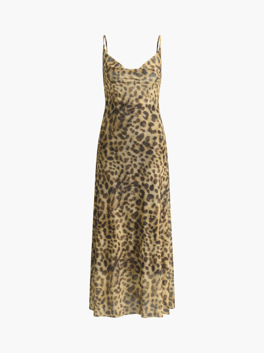 Leopard Print Cowl Neck Midi Dress