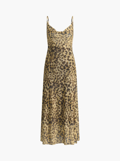 Leopard Print Cowl Neck Midi Dress