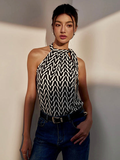Chevron Print Tie Neck Knotted Blouse