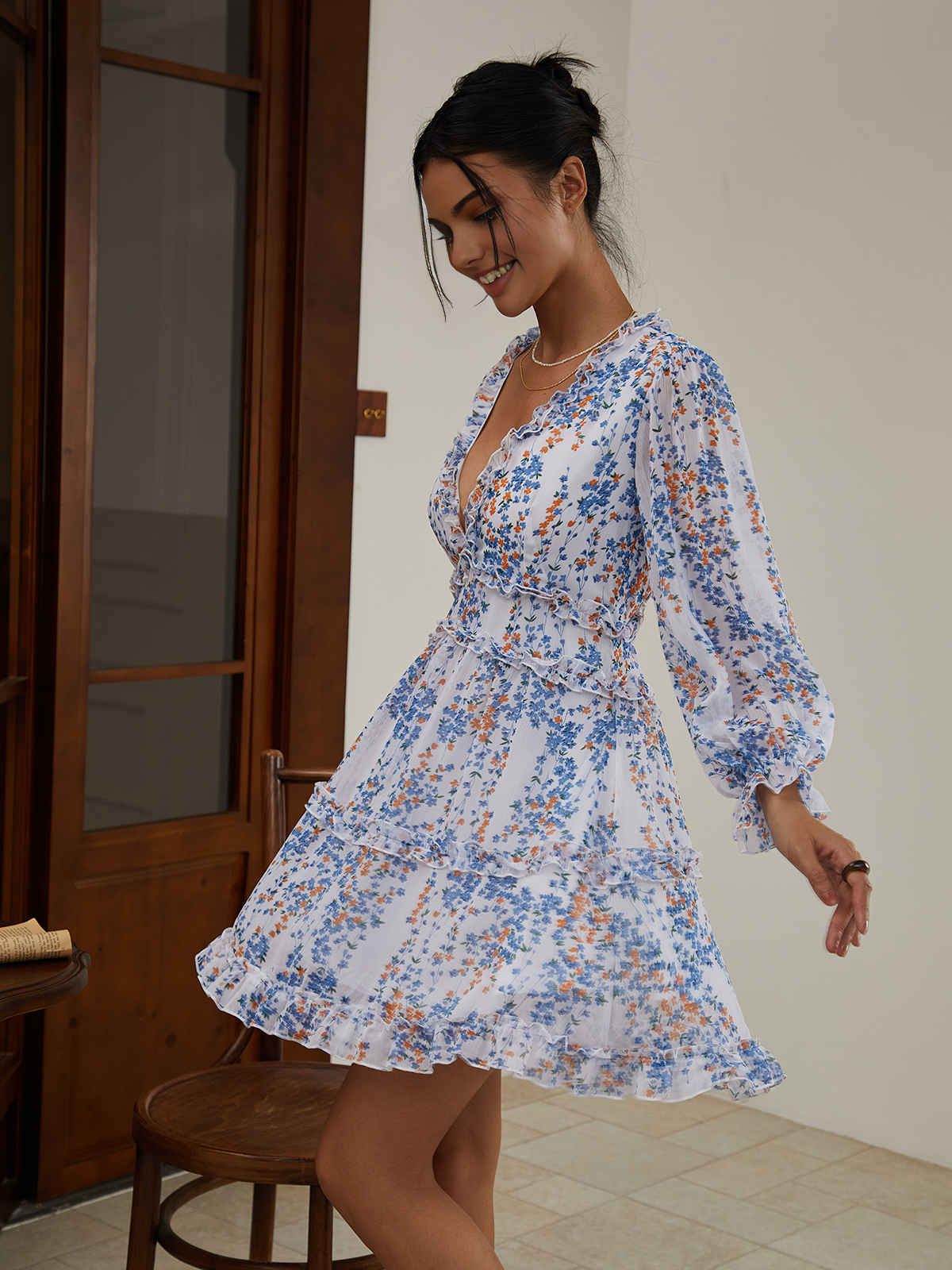 Multi Floral Lettuce Trim Short Dress