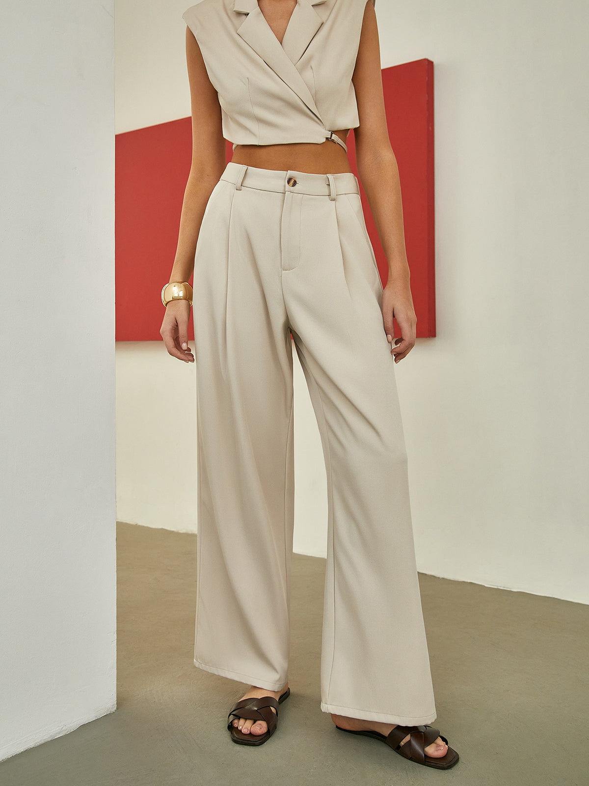 Minimalism Shoulder Pads Knotted Vest With Tailored Pants Set