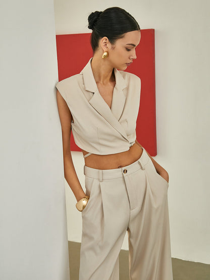 Minimalism Shoulder Pads Knotted Vest With Tailored Pants Set