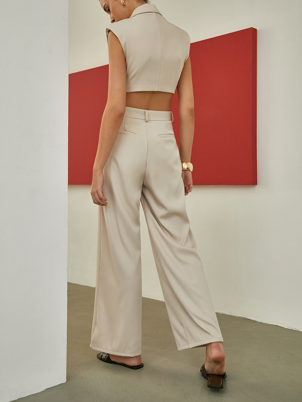 Minimalism Shoulder Pads Knotted Vest With Tailored Pants Set
