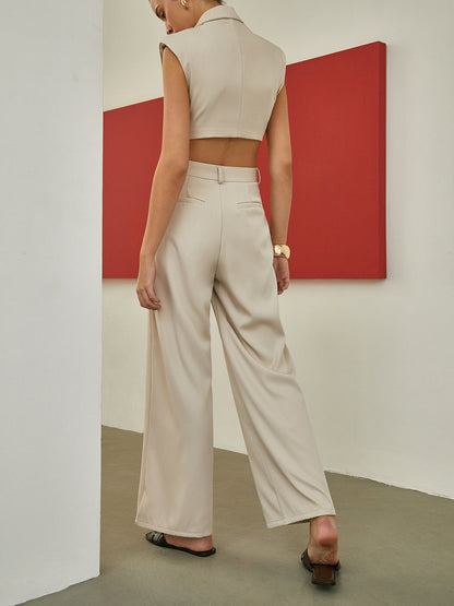 Minimalism Shoulder Pads Knotted Vest With Tailored Pants Set