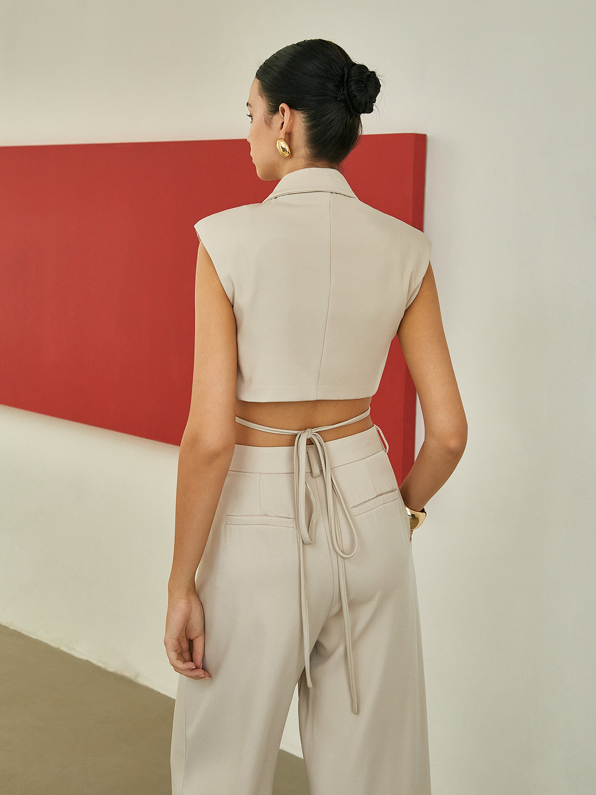 Minimalism Shoulder Pads Knotted Vest With Tailored Pants Set