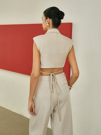 Minimalism Shoulder Pads Knotted Vest With Tailored Pants Set