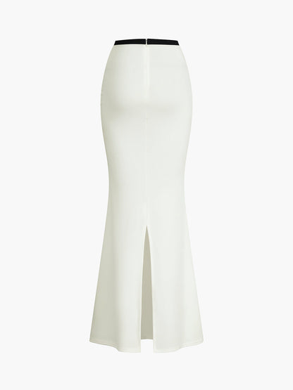 Contrast Trim Knotted Halter Mermaid Split Skirt Set