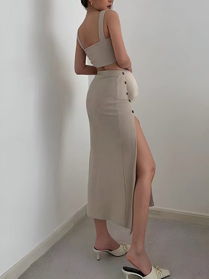 Multi Button Decor Split Thigh Skirt Set