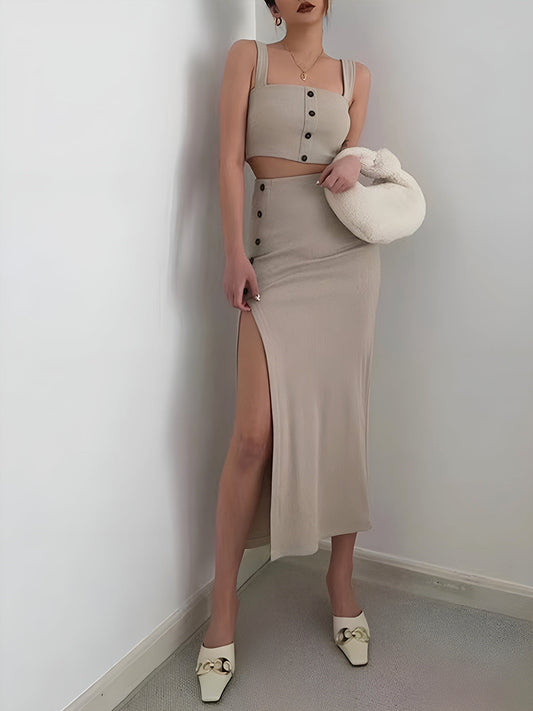 Multi Button Decor Split Thigh Skirt Set