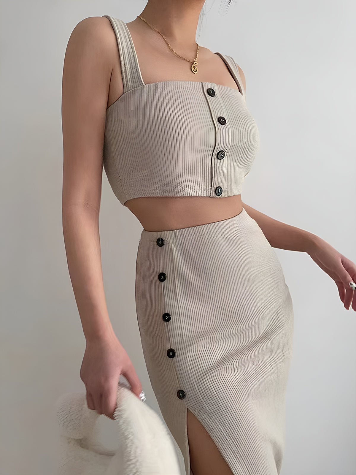 Multi Button Decor Split Thigh Skirt Set