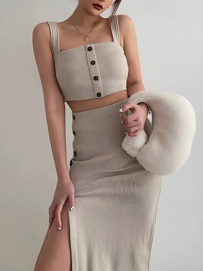 Multi Button Decor Split Thigh Skirt Set