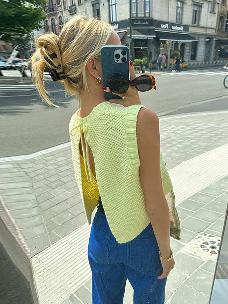 Yellow Knit Sleeveless Cropped Top